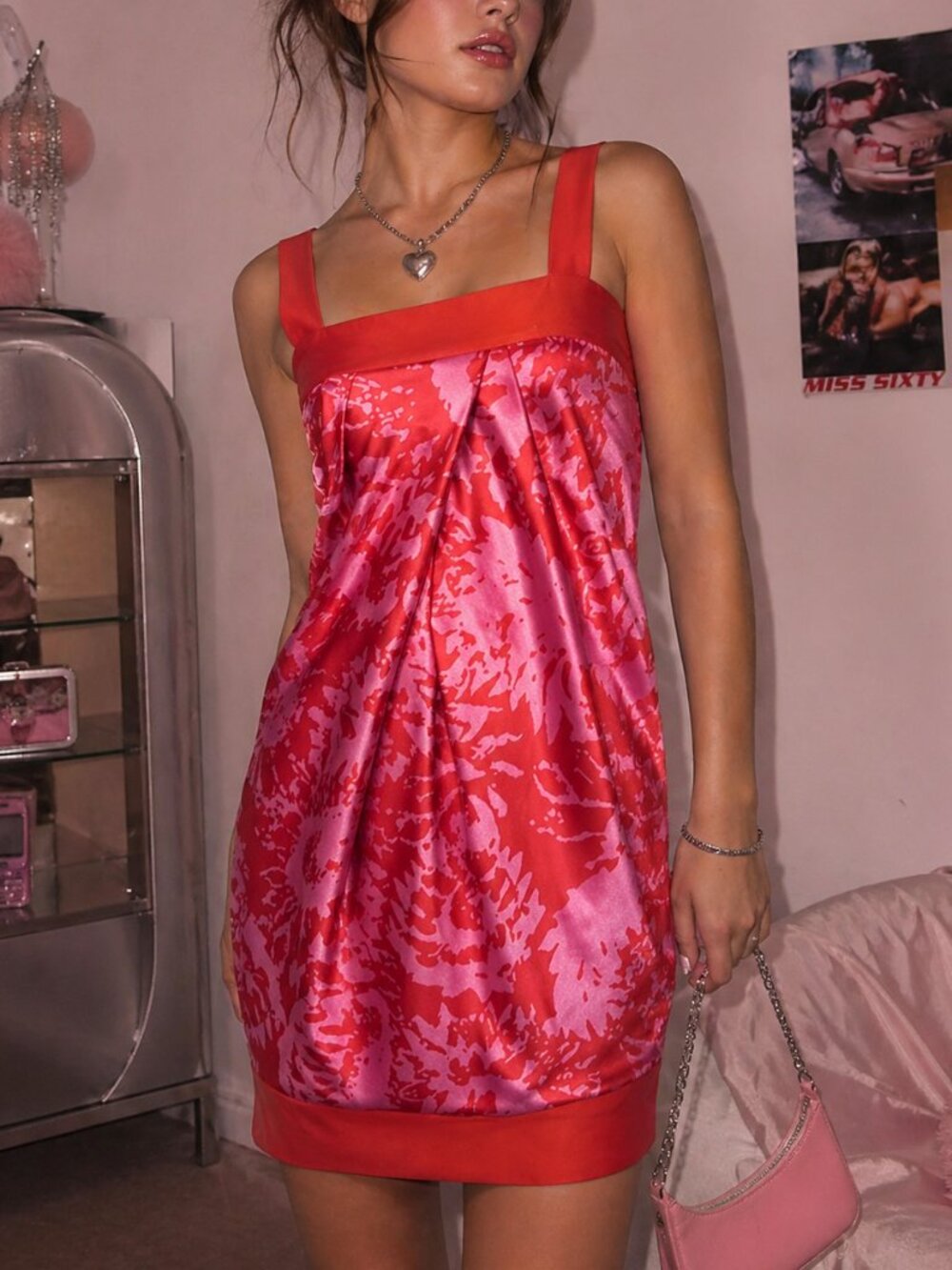 Diane von Furstenberg Silk Blend Pleated Mini Dress Y2K Red & Pink DVF Size 10